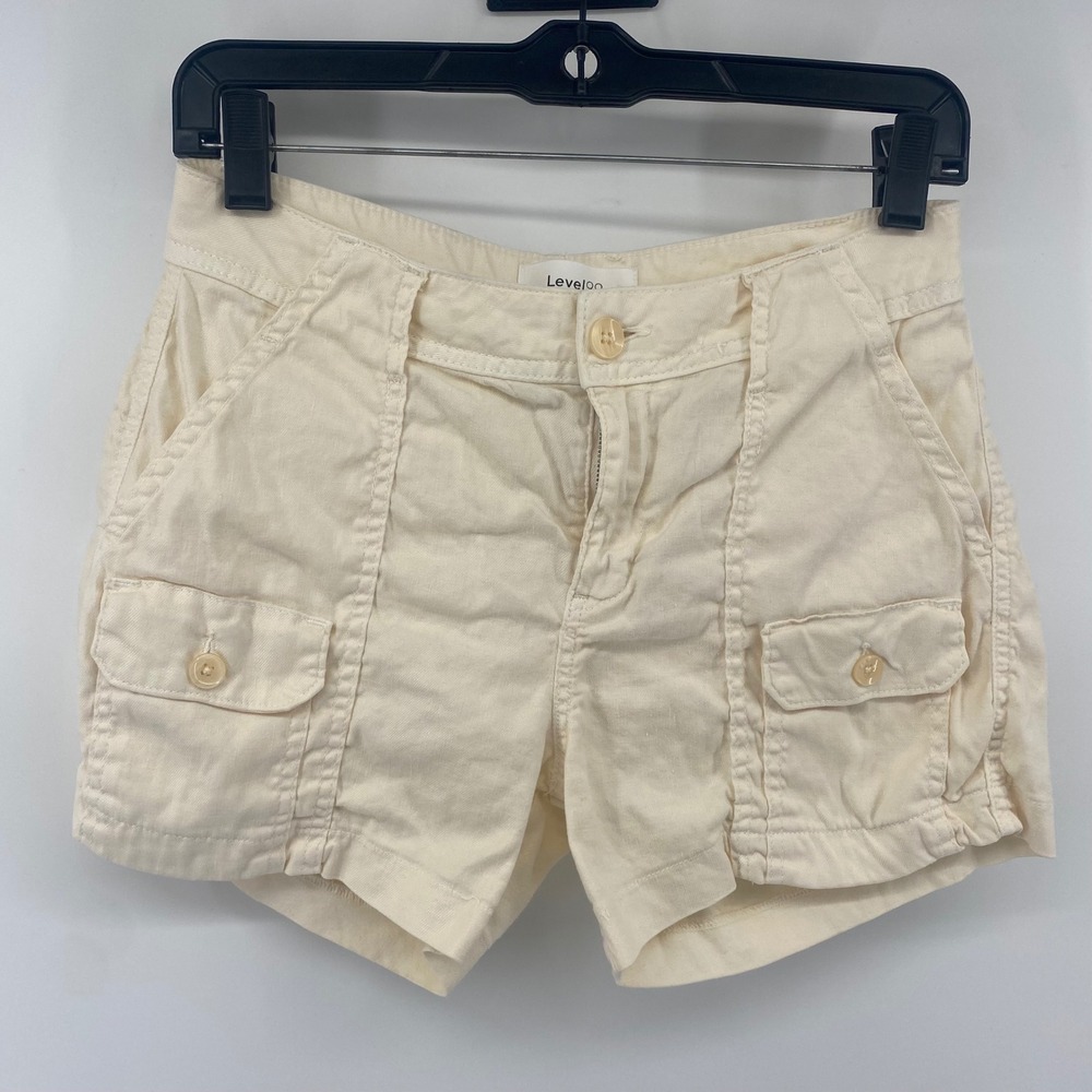 Level 99 Cargo Shorts Womens 26 Cream Linen Blend Wanderlusk Utility Summer